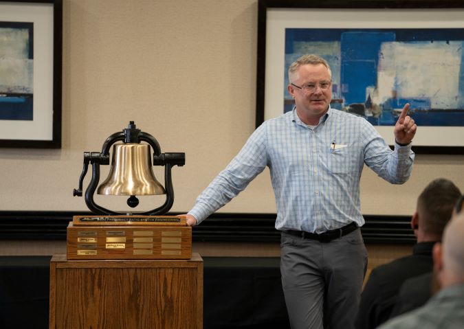 Executive Vice President and Chief Operations Officer Matt Igoe speaking at a safety bell ceremony in Barstow in 2022